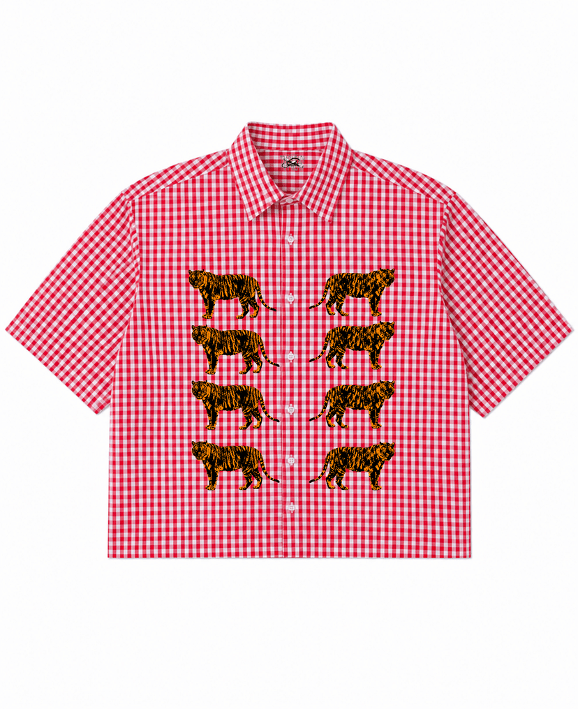 RED CHECKED BOXY FIT TIGER SHIRT